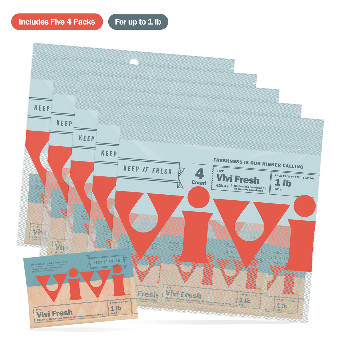 Fanned stack of Vivi Fresh bags, labeled 'Includes Five 4-Packs' and 'Up to 1 lb' indicating each pack can be used for 1 lb