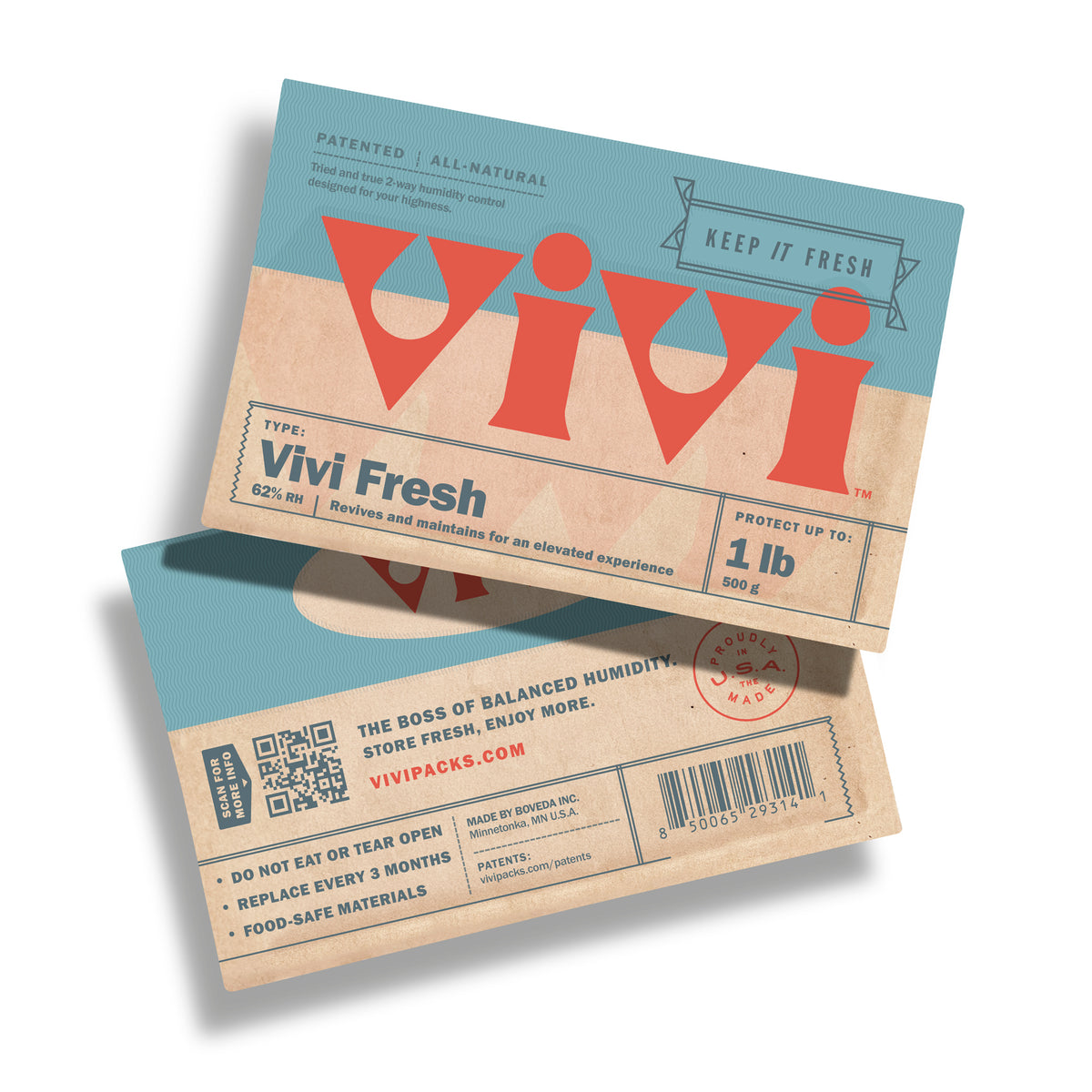 Two Vivi Fresh packets one showing the front and the other showing the back, displaying the brand logo and all product information.